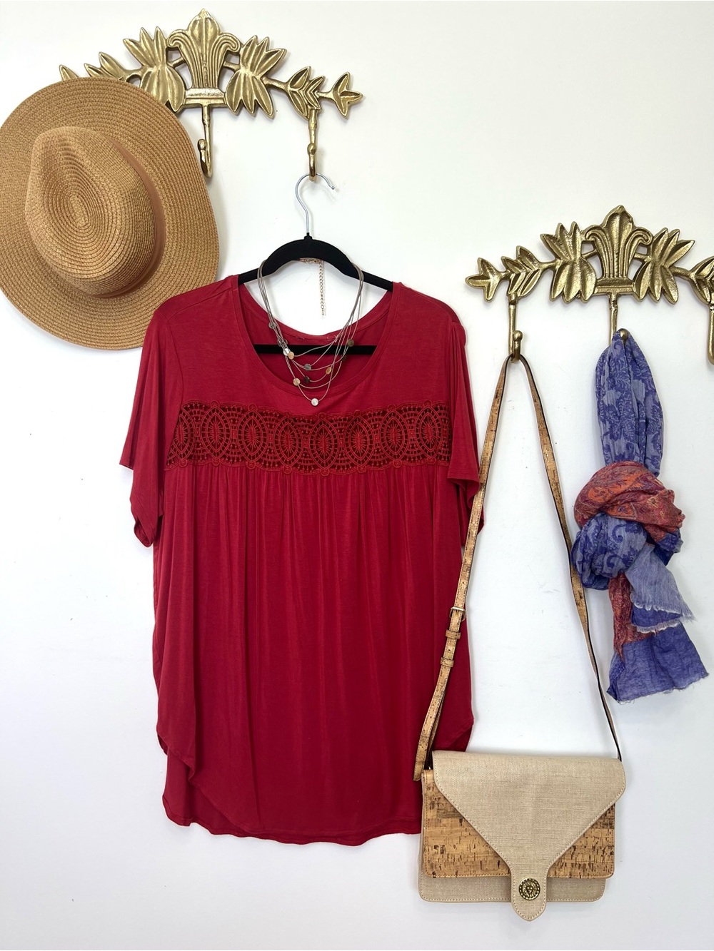 Women's Red Crochet-Trim Short Sleeve Top XL
